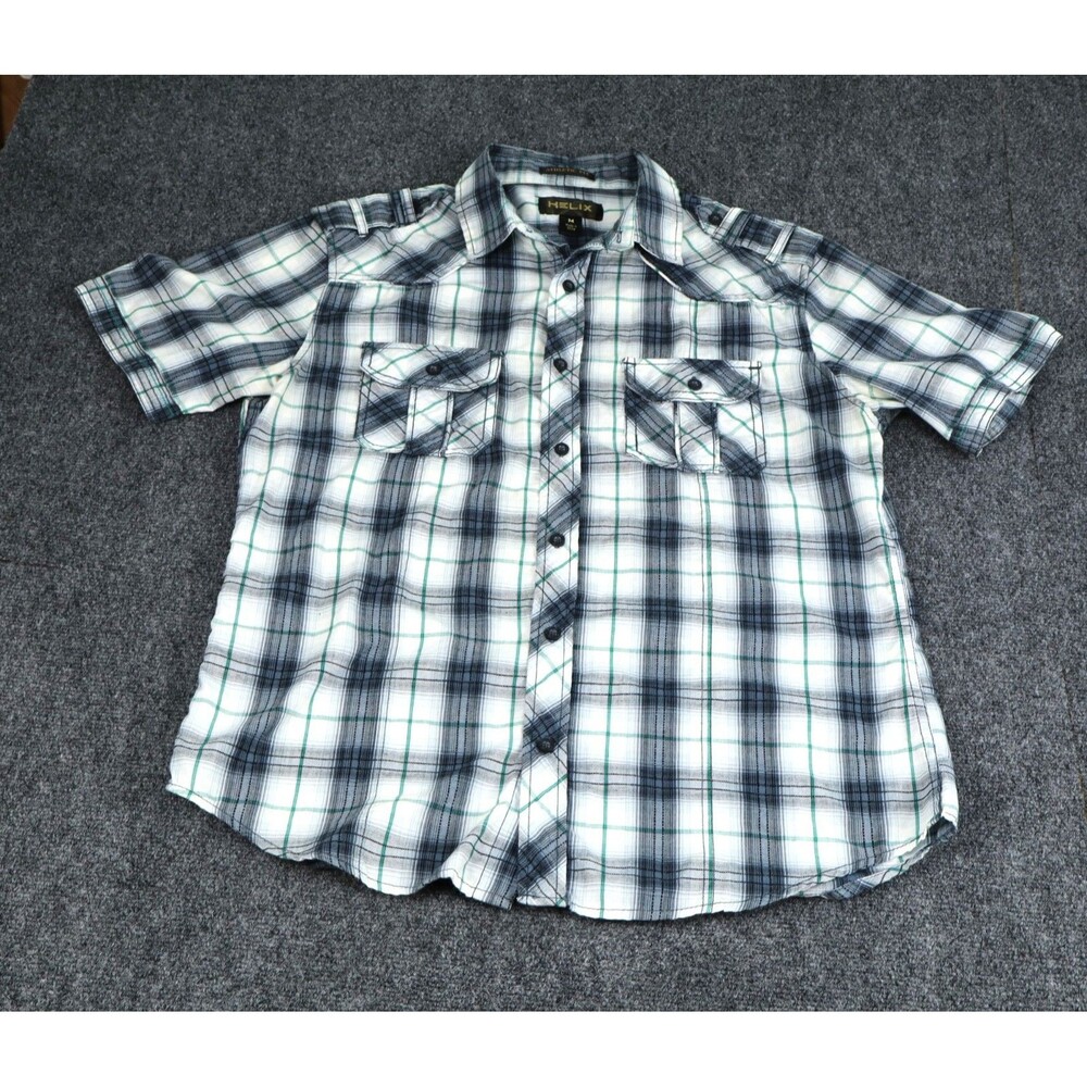 Helix Shirt Mens Medium Blue White Plaid Athletic Fit Short Sleeve Pocket
